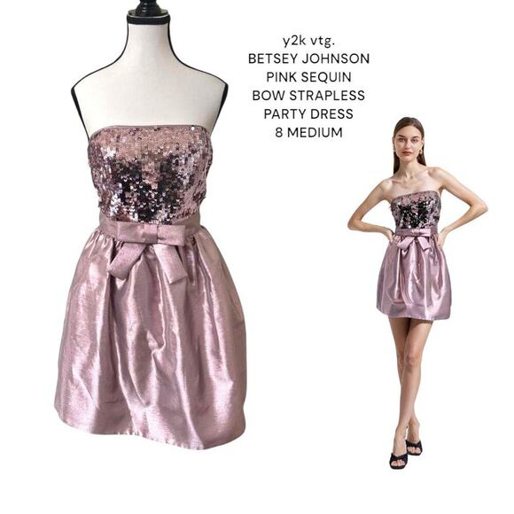 y2k vtg. BETSEY JOHNSON Pink Sequin Bow Strapless mini Party‎ Dress 8 medium. - Picture 1 of 8